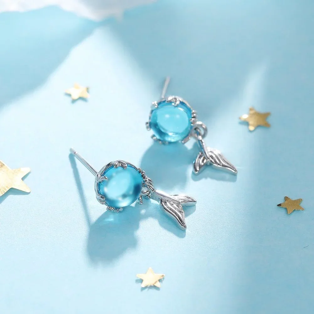 🍁Beautiful Mermaid Tear Round Sea Blue Stud Earrings, MLNN1159 - Picture 2 of 5